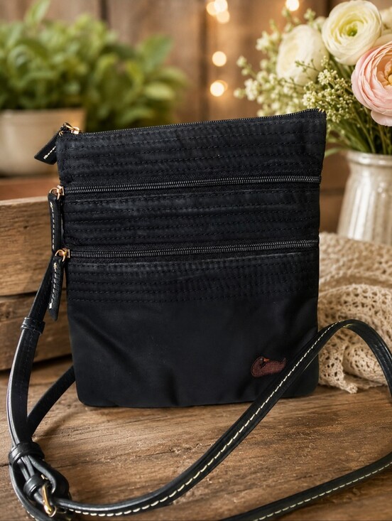 Dooney & Bourke Handbags - Dooney & Bourke Black Nylon Triple Zip Crossbody Bag Pink Lining